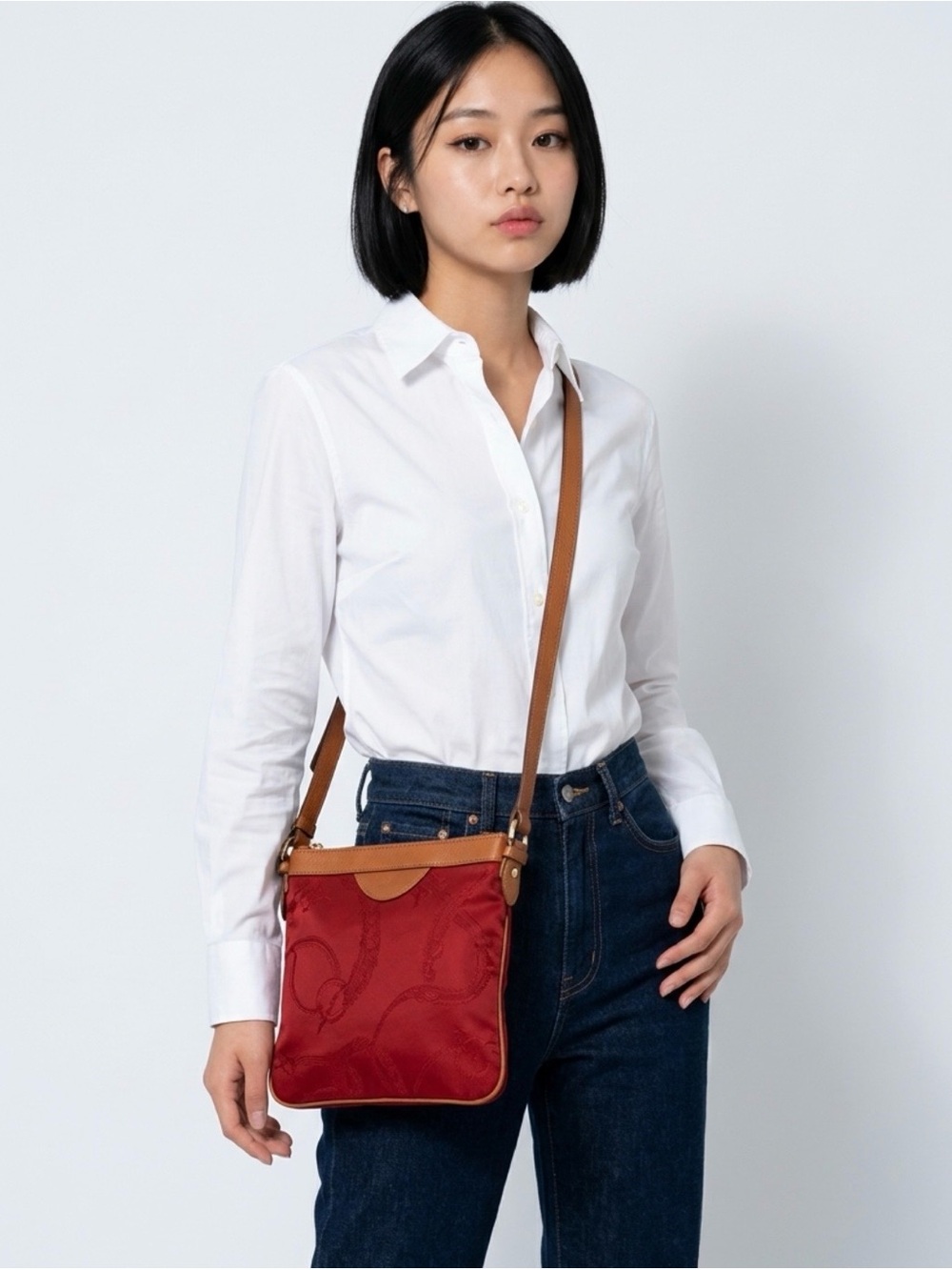 Ralph Lauren Red Nylon Crossbody with Tan Leather Trim